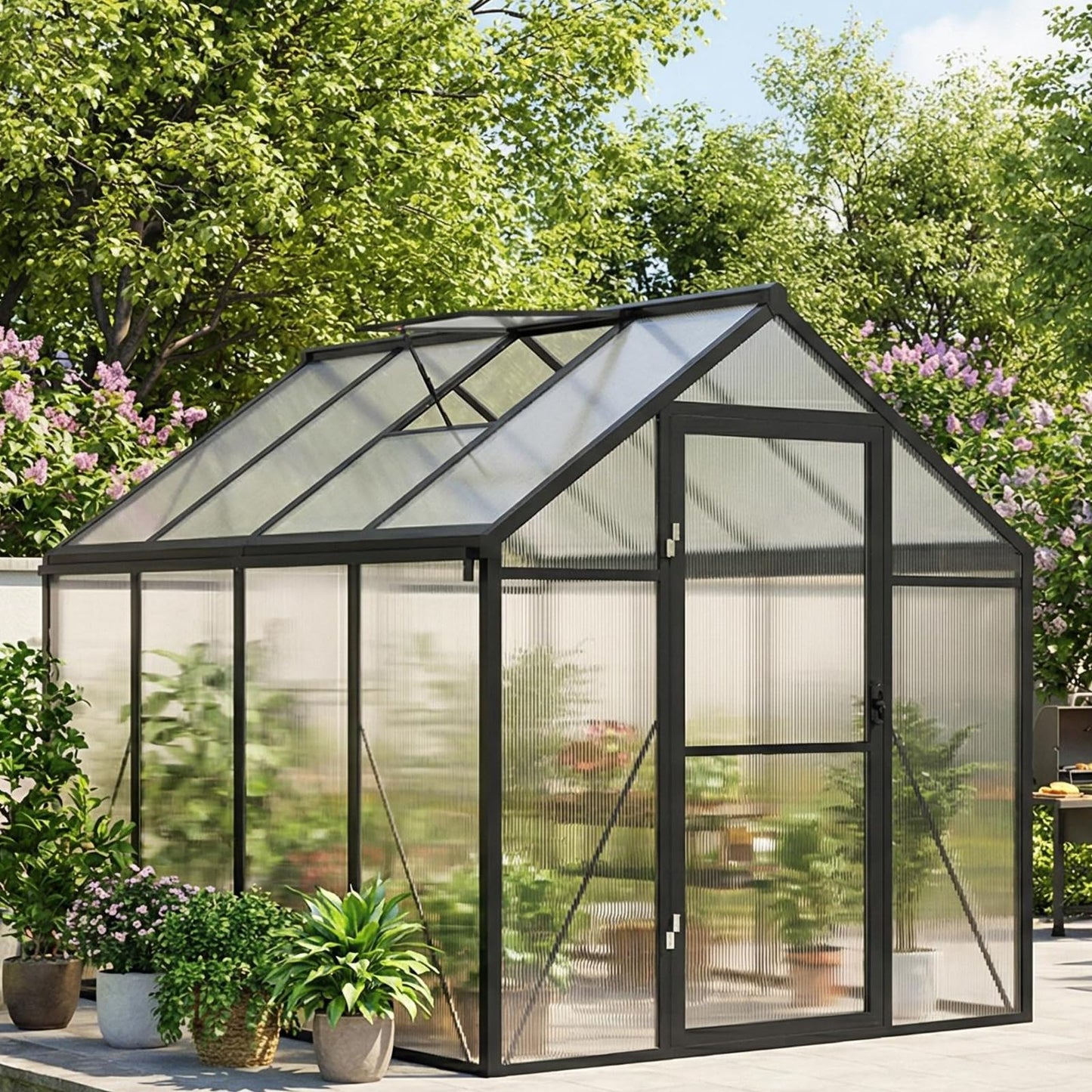 Garvee 6x8ft Greenhouse, Large Walk-in Greenhouse for Outdoors with Roof Vent & Lockable Outward-Opening Swing Door, Heavy Duty Aluminum Frame Polycarbonate Green House for Garden,Backyard,Lawn,Grey