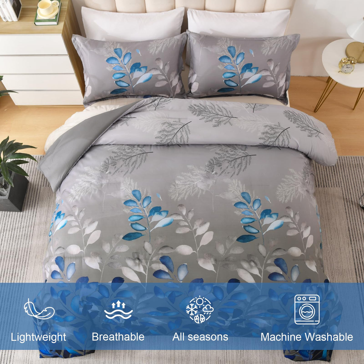 DJY King Size Comforter Set, Dark Grey Botanical Leaves Comforter Set King, 3 Pieces Reversible Blue Floral Bed Comforter Sets Soft Microfiber Bedding Comforter Set for All Season (90"x104")