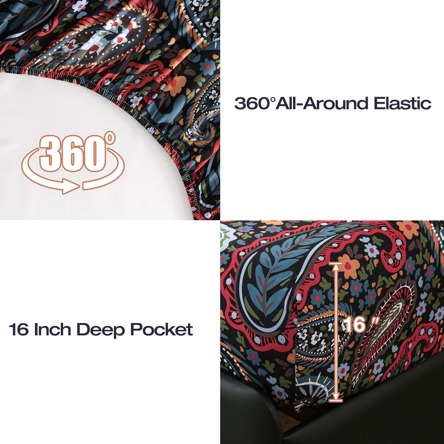 Yibeizi King Size Sheets Set Deep Pocket Black Paisley Bed Sheet Sets, Dark Floral Printed Soft Microfiber Oeko-Tex Hypoallergenic Sheets & Pillowcases Wrinkle Free Bedsheets