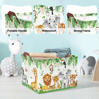 Clastyle Safari Animal Laundry Basket Leaf Kids Clothes Book Storage Basket Gift Toy Box for Bedroom Decor,Elephant Lion Giraffe,40x30x30 cm
