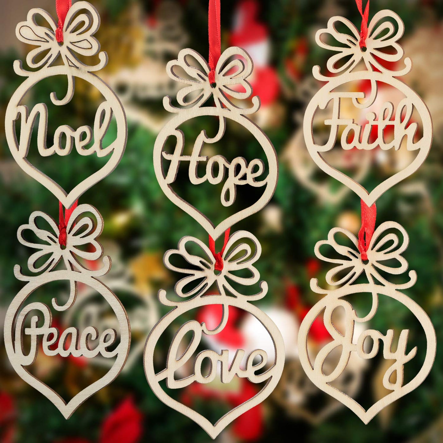 Bememo 30 Pcs Christmas Ornaments Bulk Wooden Christmas Tree Decorations Hanging Faith Hope Rustic Religious Christian Hollow Ornaments for Gifts Xmas Party Decorations Craft