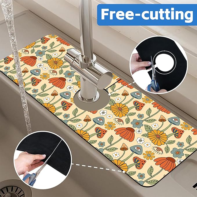 Abstract 70s Mushroom Floral Sink Faucet Absorbing Mat Sink Splash Guard Faucet