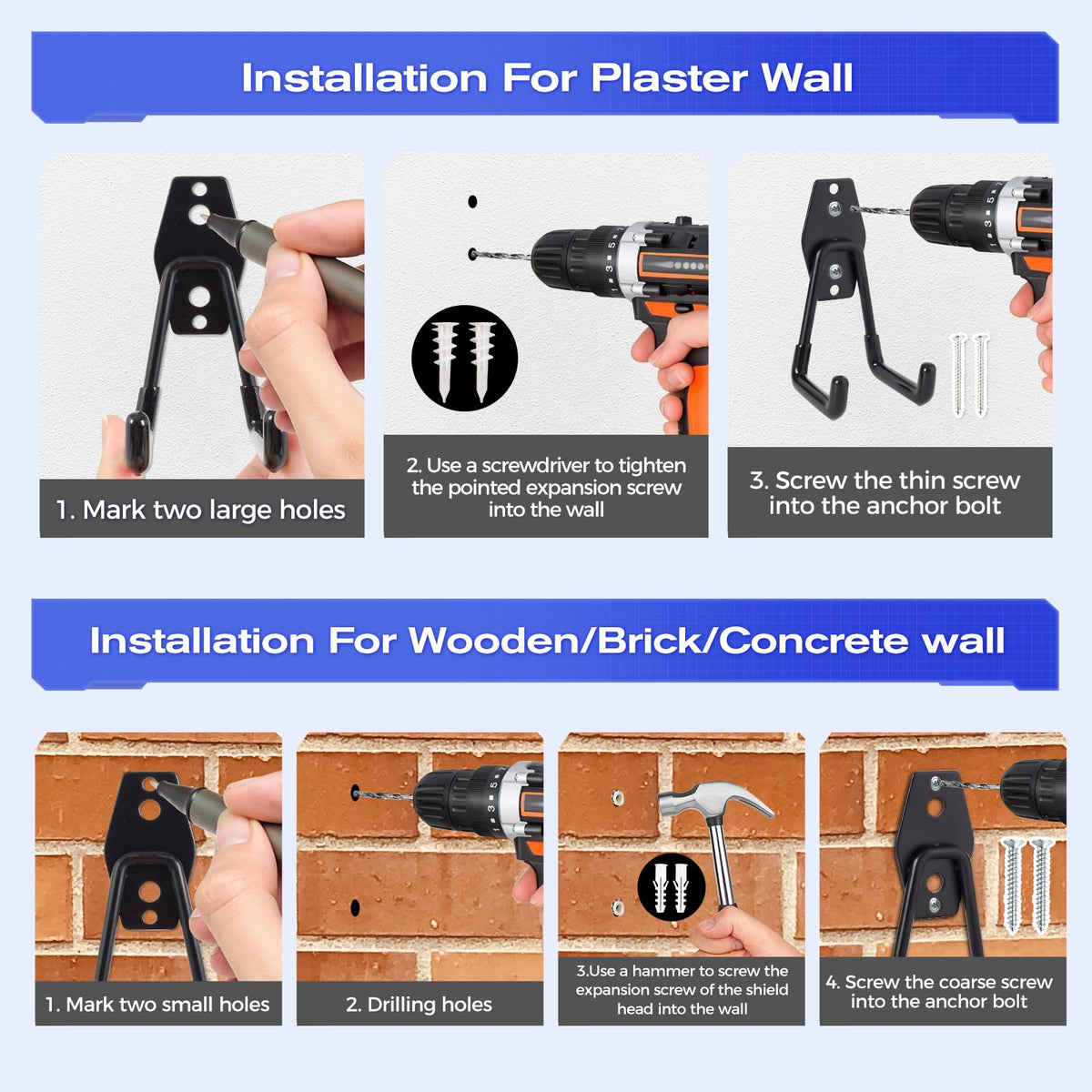 24 Packs Garage Storage Hooks, Heavy Duty Garage Hooks with Nylon Straps, Wall Mount Tool Organizer Hooks for Ladders, Bikes, Tools, Hoses, Suitable for Concrete, Brick, Wooden, Plaster Walls