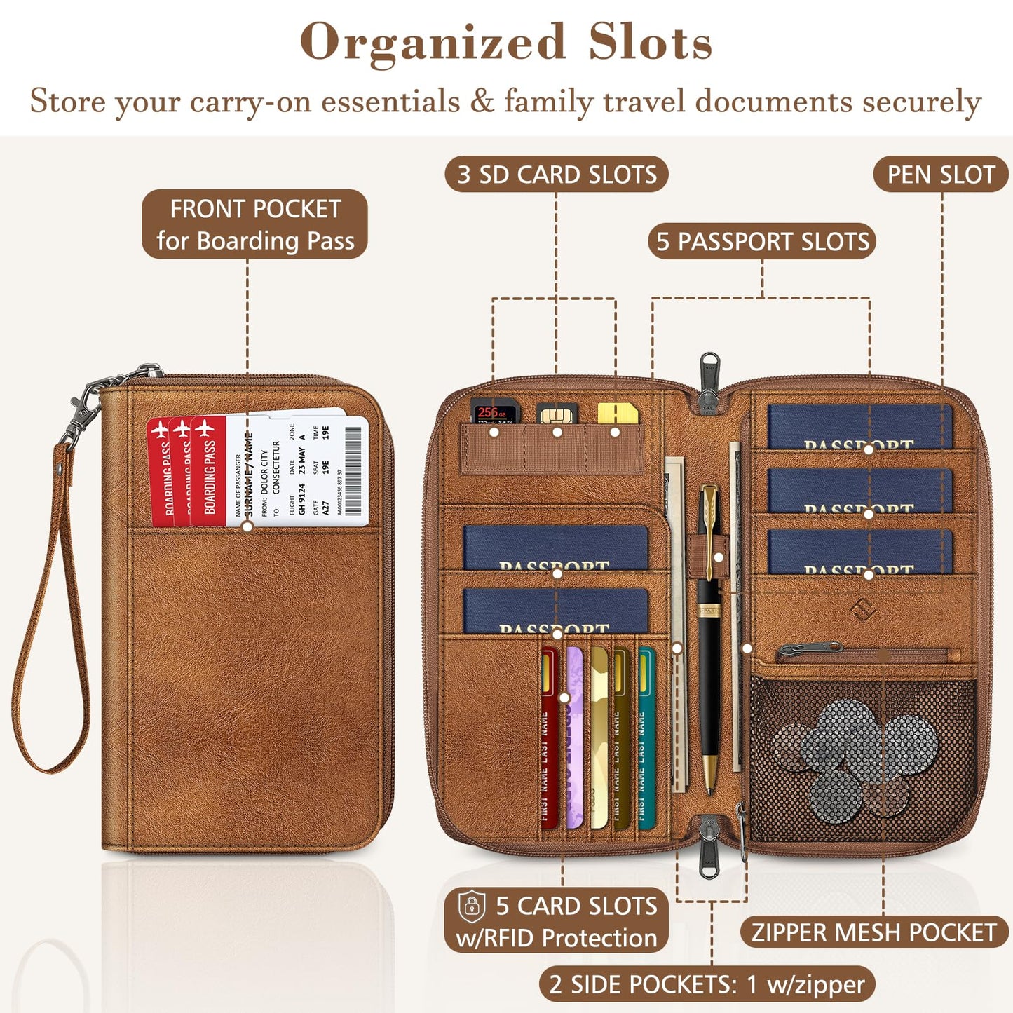 Fintie Passport Holder Travel Wallet for Family, RFID Blocking Travel Document Organizer Clutch Bag for Passports, Business Cards, Credit Cards, Boarding Passes, Brown