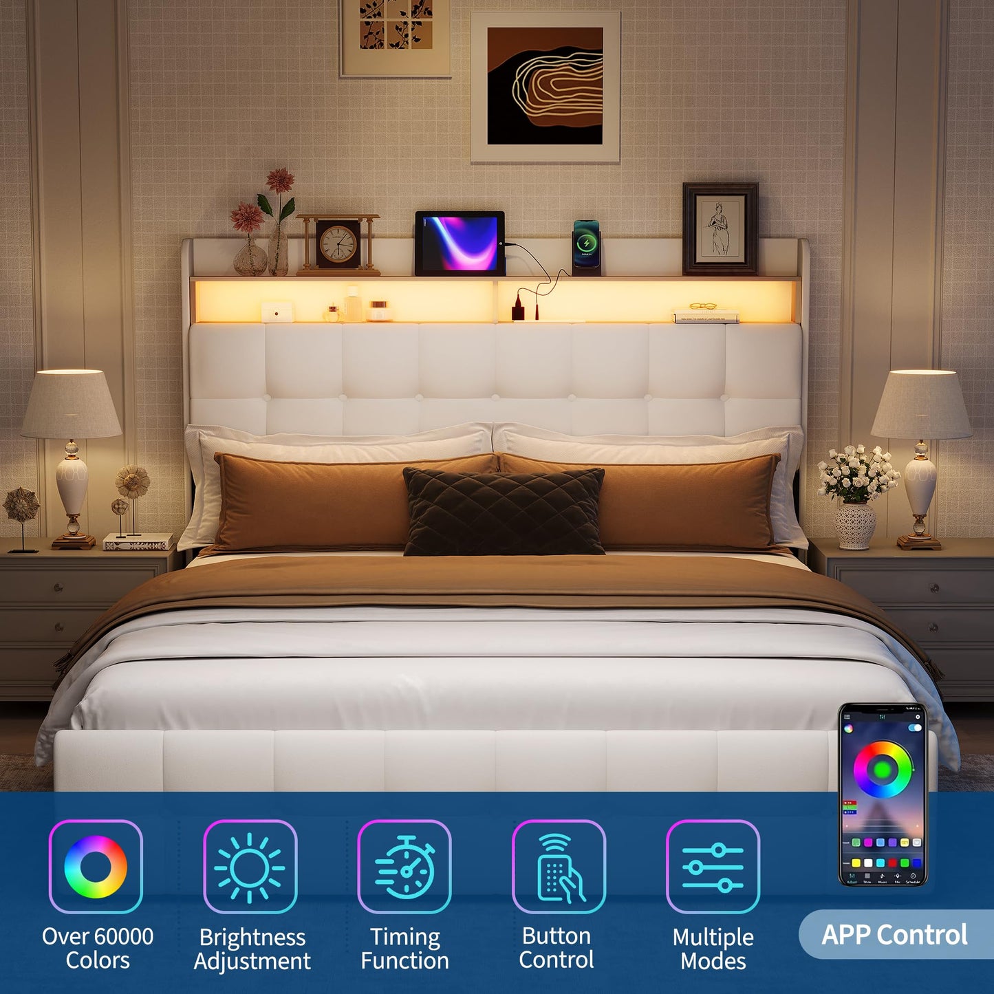 Queen Size Upholstered Bed Frame with LED Headboard, 2 Storage Drawers, Charging Socket and USB Port, Soft Fuzzy Soft, Noise-Free Metal Platform for Bedroom, No Box Spring Needed, Natural Wood Shelf