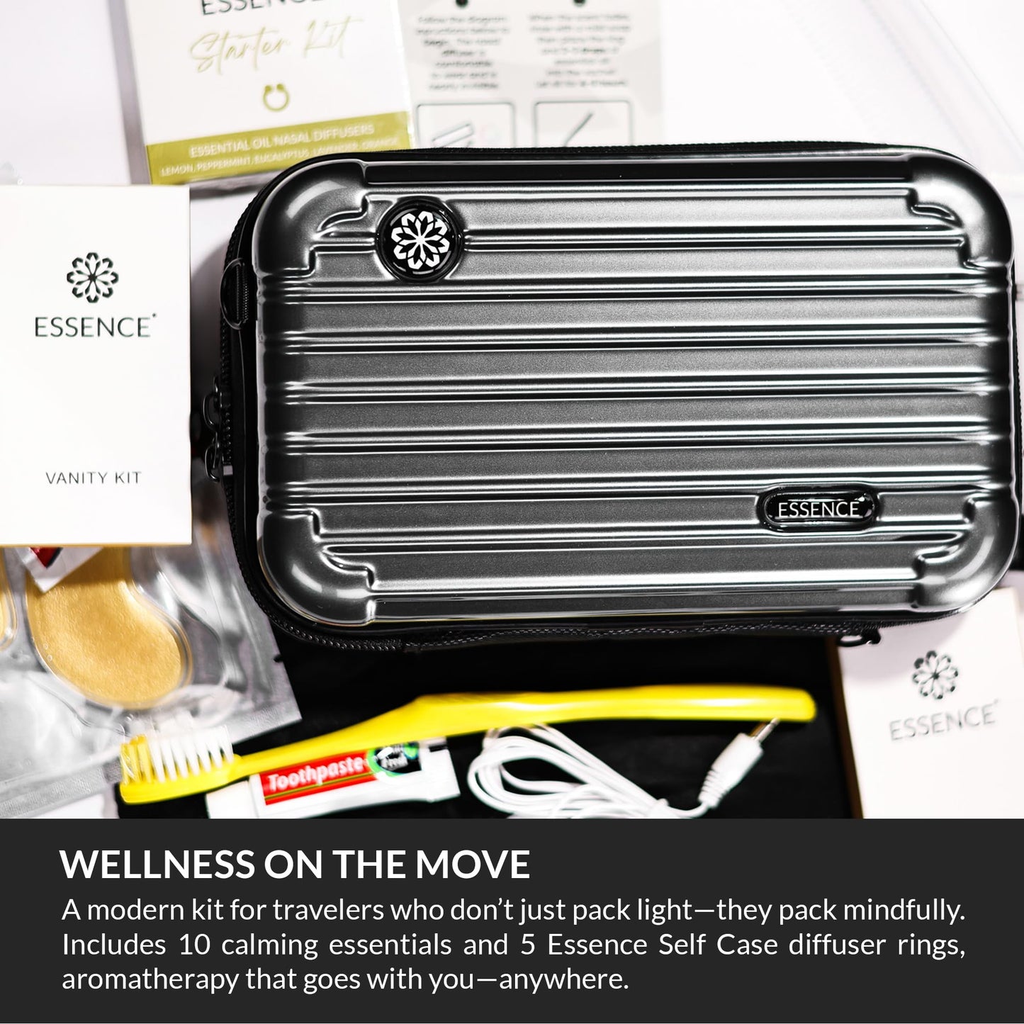 Essence Travel Amenity Kit | Travel Essentials & Travel Size Toiletries Kit | 5-Pack Nasal Diffuser Rings, Sleep Mask, Lotion & Hygiene Kit | Travel Toiletry Kit for Women | Black Case