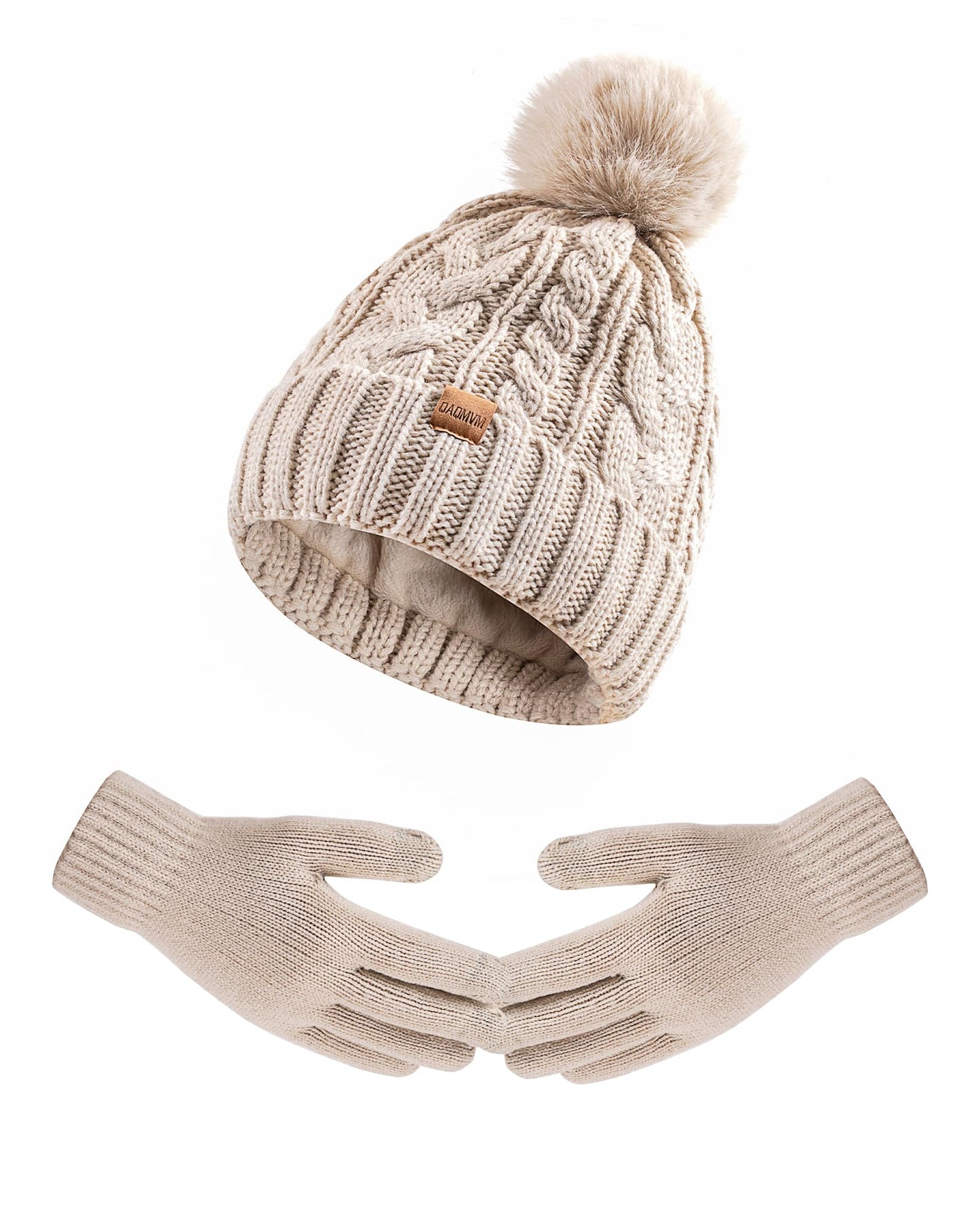Winter Beanie Hat Gloves Set for Women, Pom Pom Fleece Lined Hat Knit Touchscreen Gloves