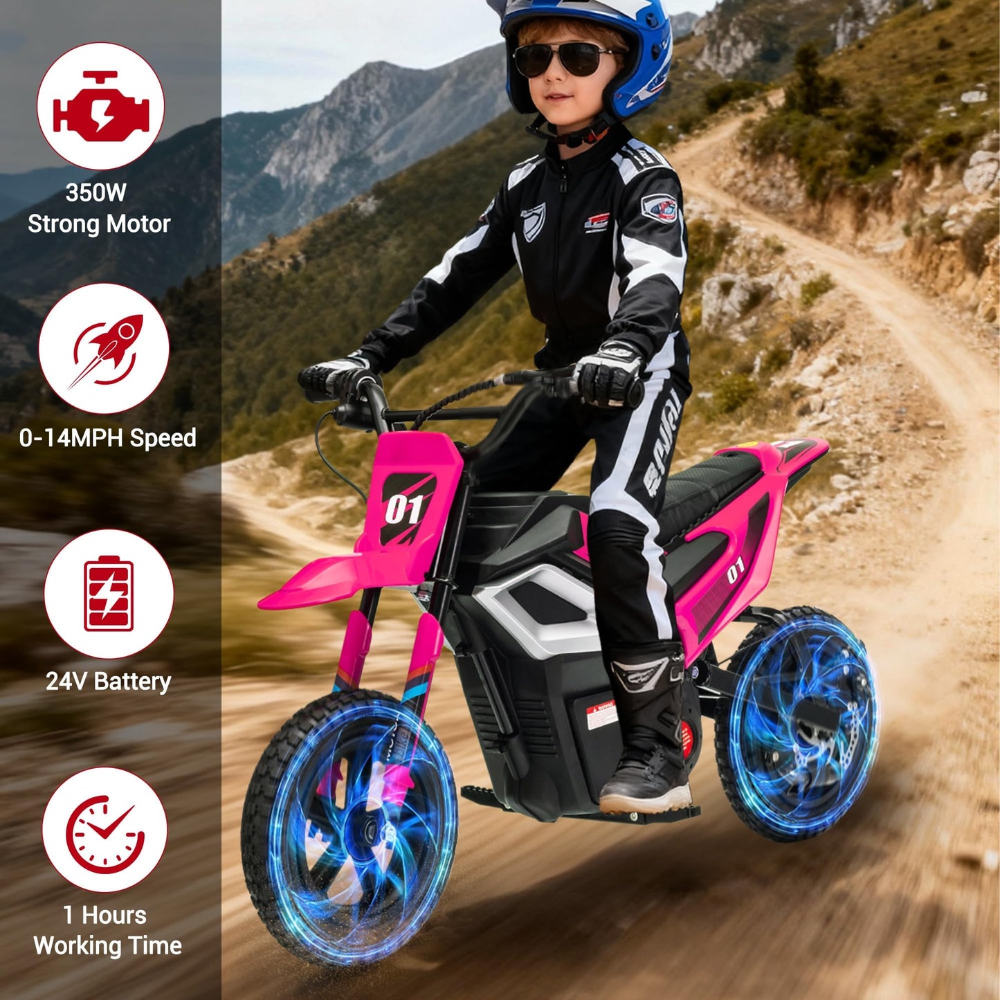 350W 24V Electric Motorcycle for Kids – Mini Dirt Bike with 13.67 MPH Top Speed, 12-Mile Range, Rear Suspension, Twist Grip Throttle, Music, and Comfortable Leather Seat