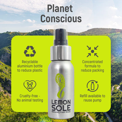 Lemon Sole Natural Shoe Freshener & Deodoriser with 6 Powerful Essential Oils for Long-Term Odour Control, Great for Sports, Fresh Lemon Scent. Lemon Fresh shoes every day.