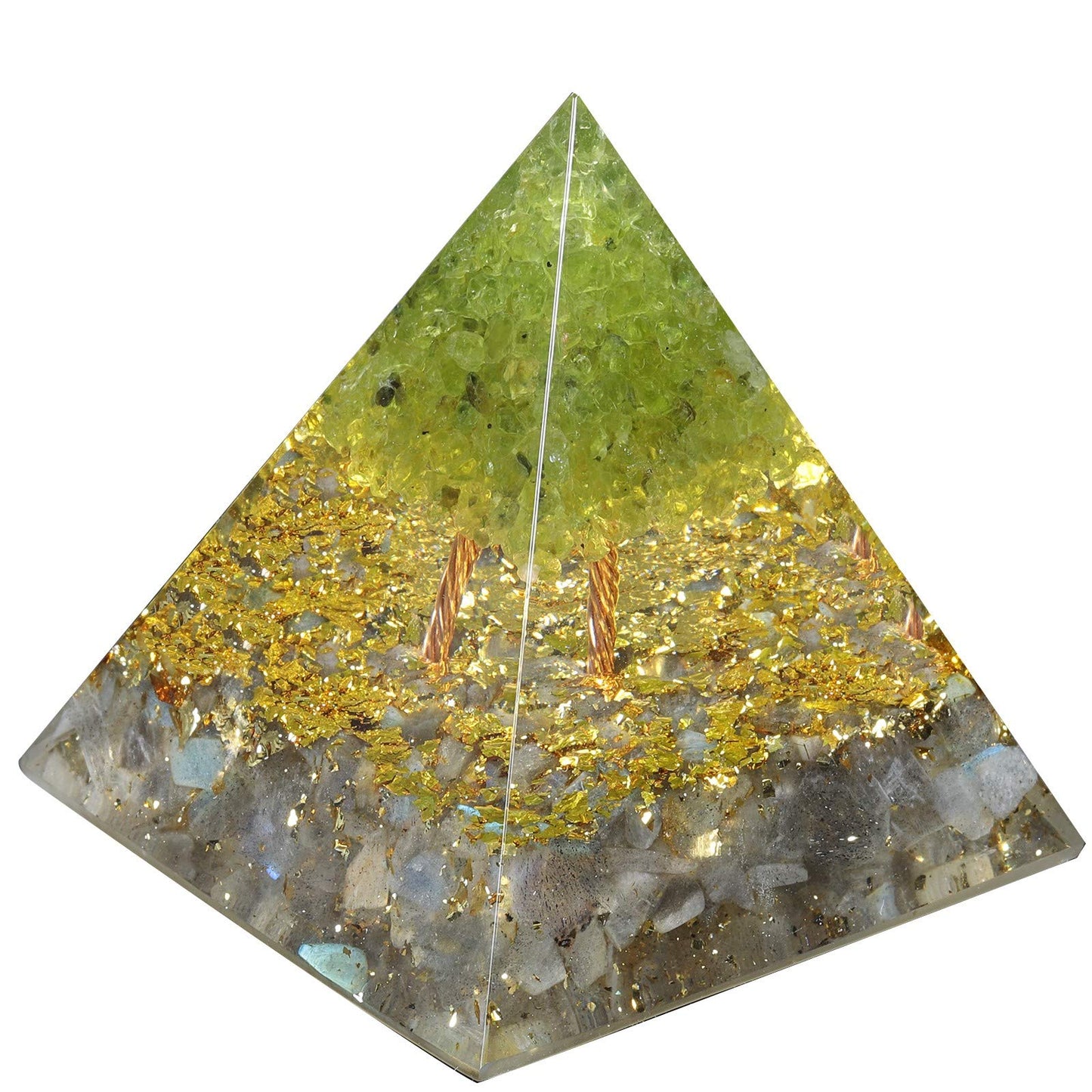 mookaitedecor Tree of Life Peridot & Labradorite Crystal Orgone Pyramid Energy Generator Stone for Chakra Reiki Balancing Protection