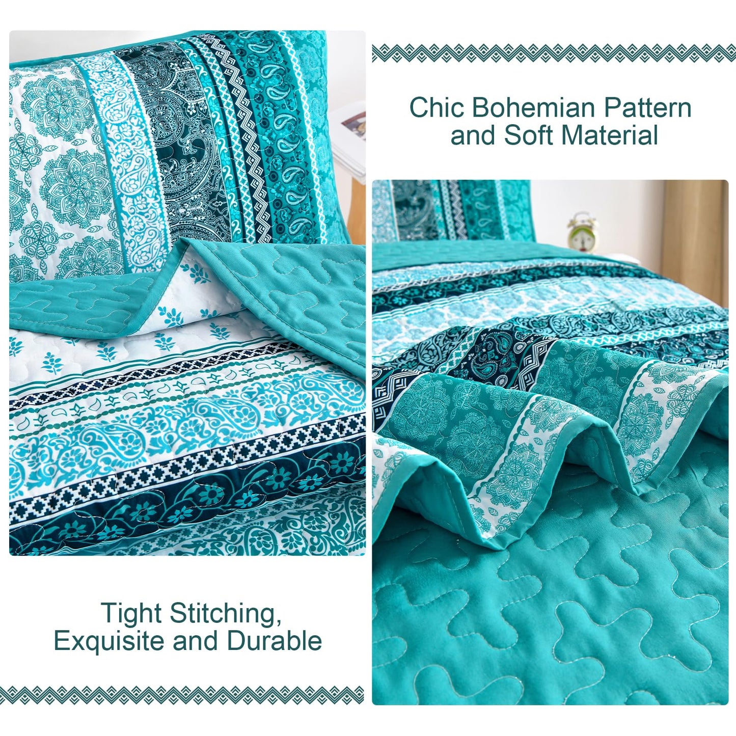 WONGS BEDDING Boho Quilt Set King Size, Teal 3 Pieces Bohemian Striped Patchwork Bedspread Coverlet, Lightweight Soft Microfiber Bedding Set for All Season (104"x90")