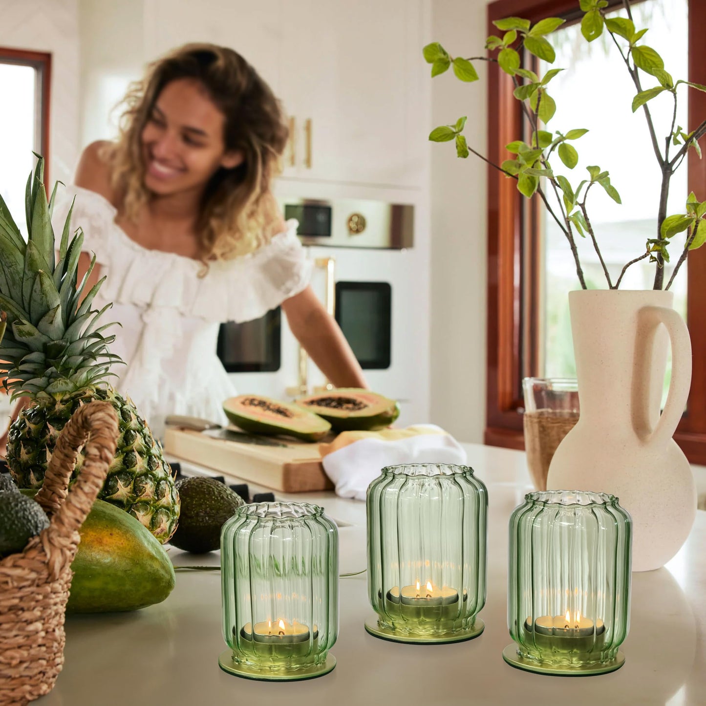 Vixdonos Glass Hurricane Tealight Candle Holder with Metal Candle Stand,Set of 3 Modern Windproof Votive Candle Holders for Wedding Party Table Centerpiece Outdoor,Green