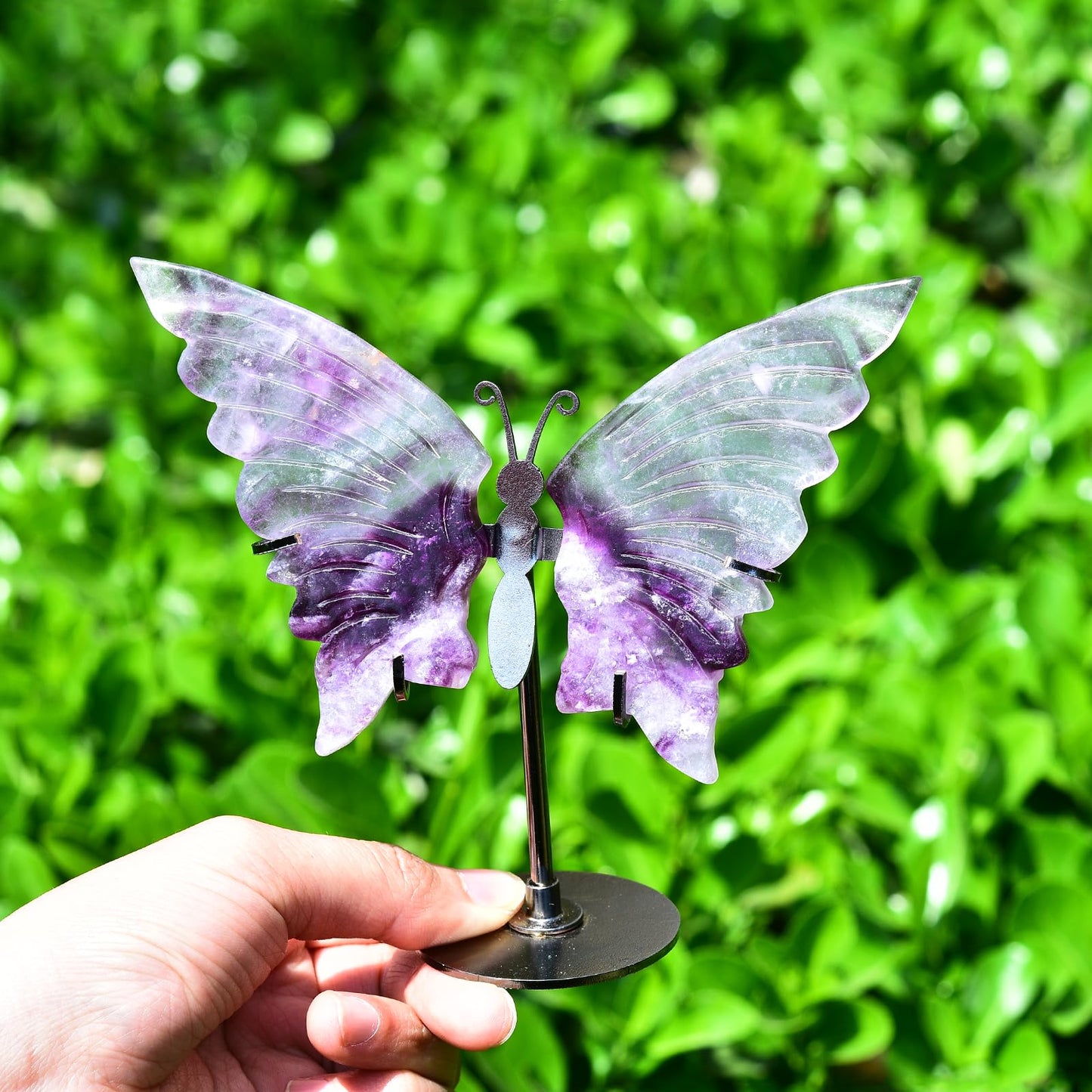 JIC Gem Purple Fluorite Crystals and Stones Crystal Butterfly Art Angel Wings Sculpture Carving,Healing Crystal Ornaments Energy Decorative Stone Reiki Gifts (1pair, 10cm)