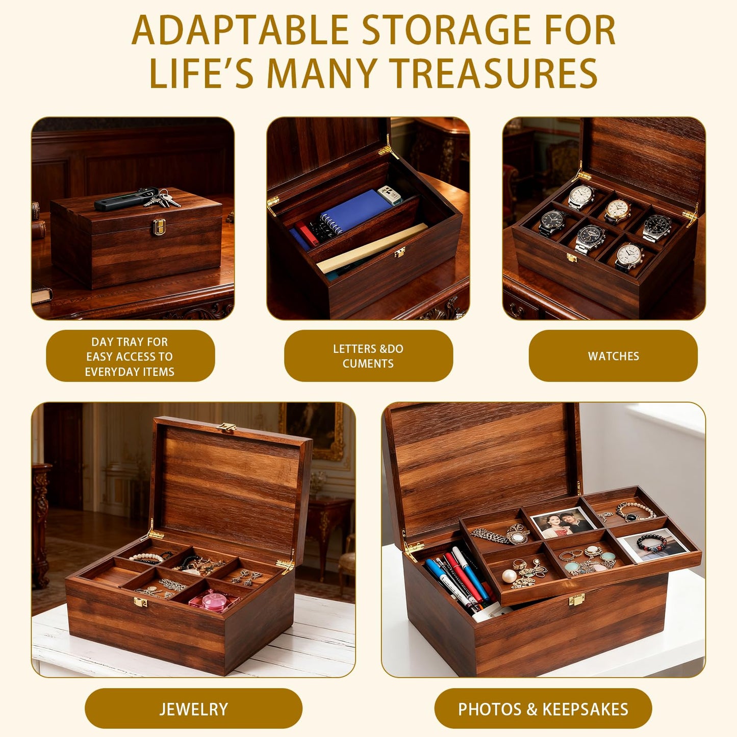 NLGQ Large Wooden Storage Box with Adjustable Tray, 12.5 IN Acacia Wood Keepsake Box with Lid for Storage Trinkets, Jewelry, Card, Photo, Wooden Decortive Case for Home 12.5x9.4x6.1 IN -WB006-X Large