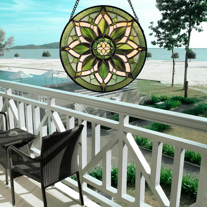 HWRHTR Stained Glass Window Hanging - White Green Boho Flower Suncatcher for Doors Window Home Sun Catchers Decor Christmas Mother's Day Birthday Gifts for Teacher Women Men Mom Nana 6.3 in