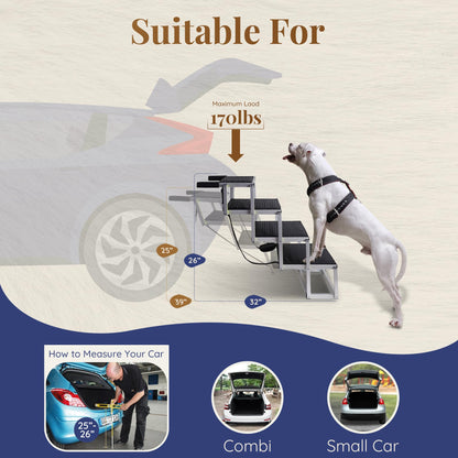 Dog Steps for Car - Dog Ramps for Cars with Glow in the Dark Marking - Non-slip surface Car Ramp - Suitable for Small Cars and Estates - Portable Aluminum Folding Pet Ramp for Dogs - 4 Steps