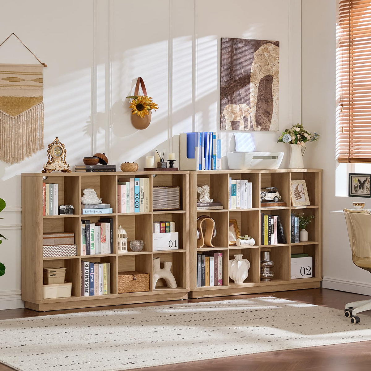 Joaxswe 12 Cube Storage Organizer, 41" Large Bookshelf with Curved Edge, Wood Floor Standing 3-Tier Cubby Bookcase with Base, Rustic Display Storage Cabinet for Living Room, Home Office, Natural Oak