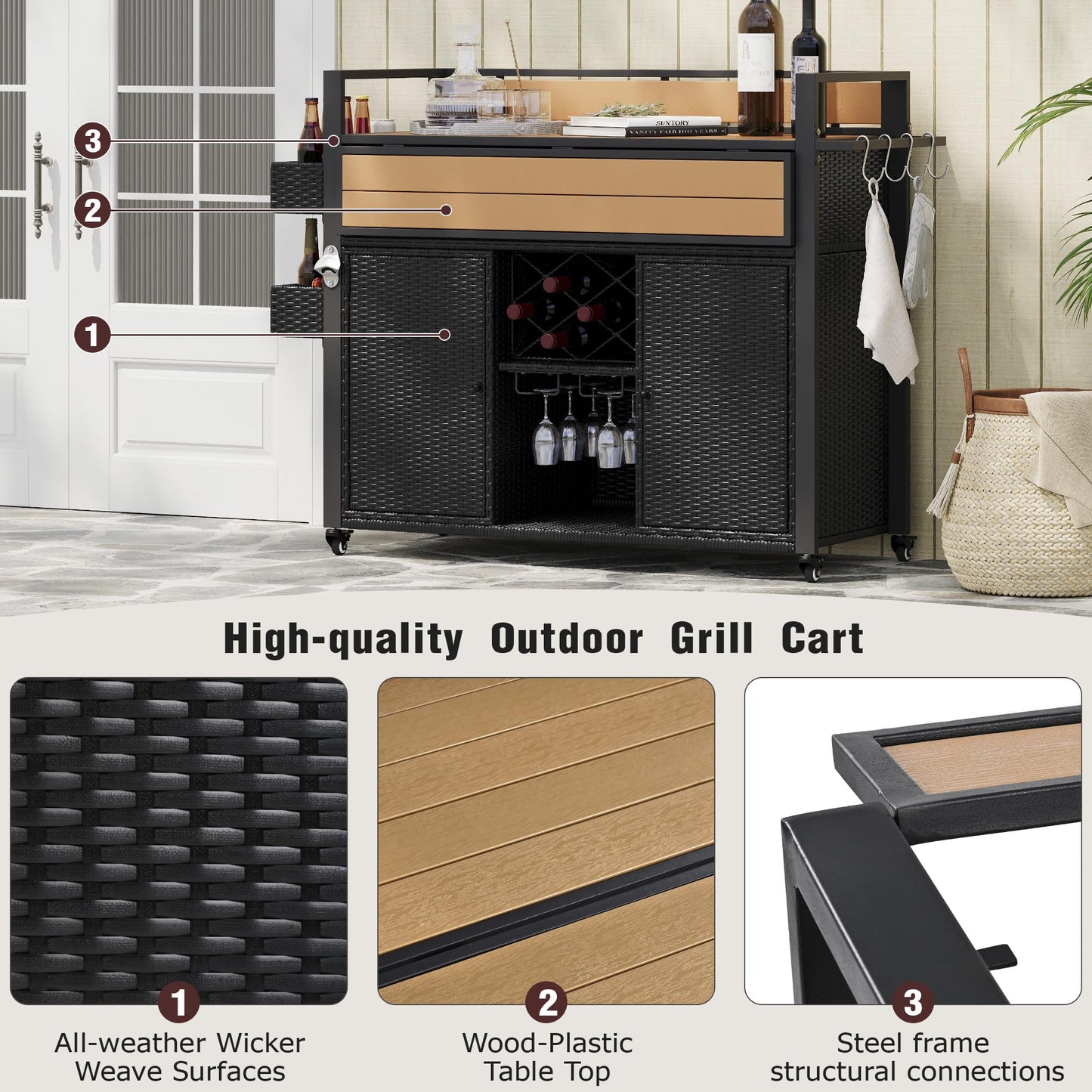 YOPTO Outdoor Grill Cart with Foldable Design,7-Tier Shelves,Lockable Wheels,Wine Rack & Weather-Resistant Wicker Rattan for Indoor/Outdoor Use,Black Brown