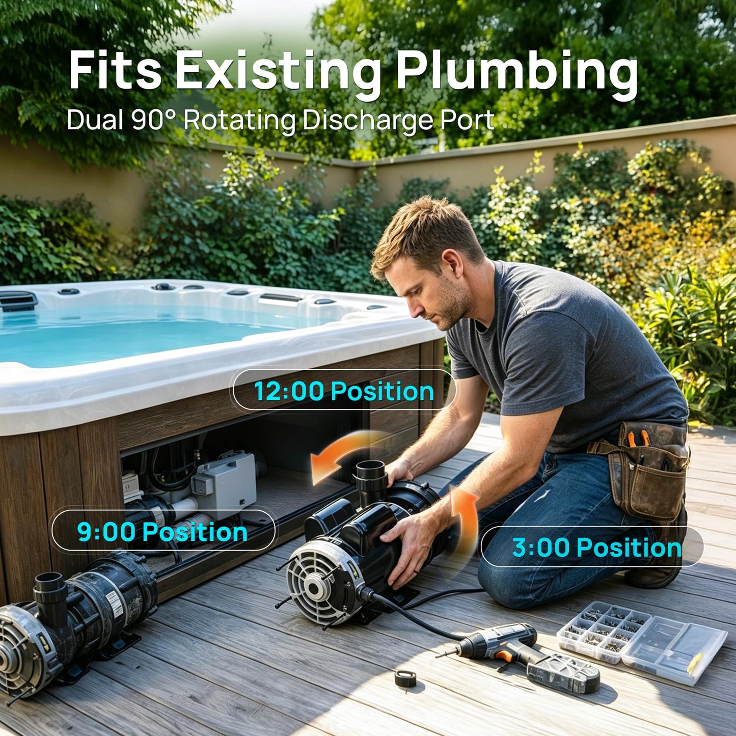 Aquastrong SPA Pump, Dual Speed Hot Tub Pump, Pure Copper Motor, Low Noise, Easy Installation with 1.5" & 2" Adapters, 90° Rotating Inlet & Outlet, Compatible with Hot Tubs & Spa Systems, Light Black