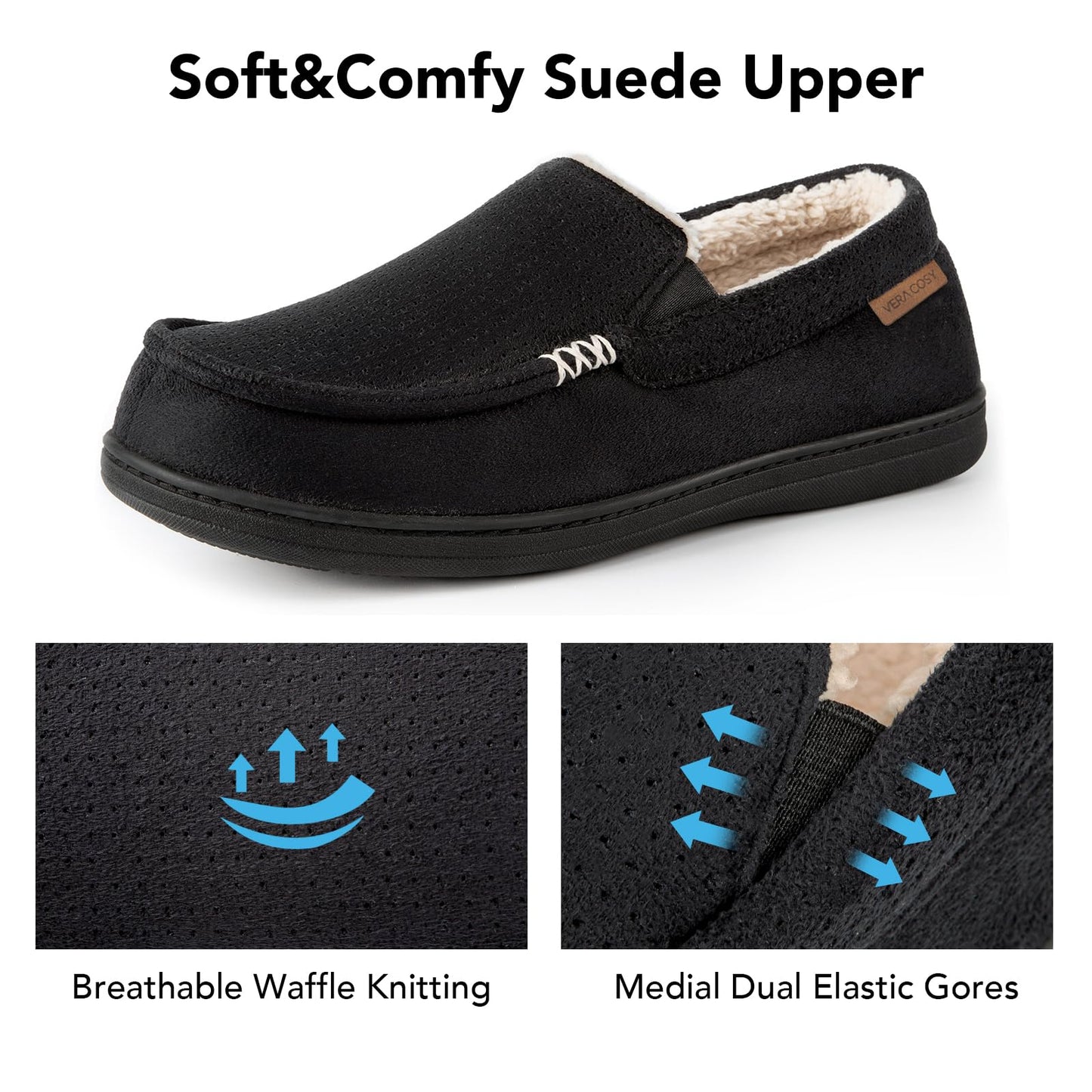 VeraCosy Men's Women's Comfy Suede Memory Foam Moccasin Slippers Warm Sherpa Lining House Shoes with Anti-Skid Rubber Sole, Black /Men, 9 UK Men/ 10 UK Women