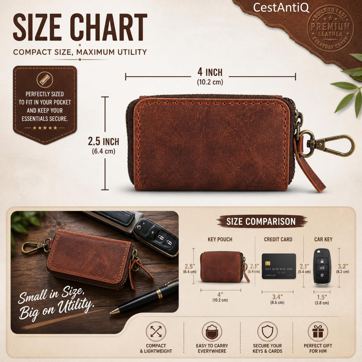 Handmade Full Grain Leather Car Key Holder & Zippered Coin Purse | Belt Loop Key Chain, Compact Earphone Holder Multi-Functional Money Purse Elegant Leather Accessory Versatile Key Organizer (Green)