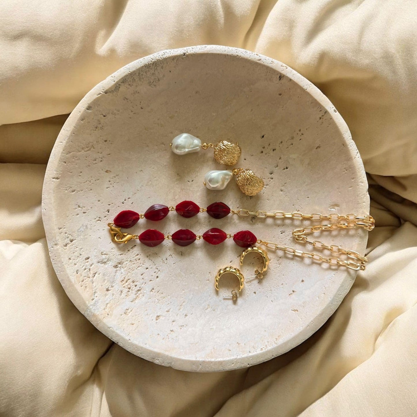THE BIOPHILIQ Natural Travertine Stone Decorative Bowl | Handcrafted Beige Catchall Tray for Coffee Table, Entryway, Bathroom & Jewelry Storage | Modern Minimal Home Décor | Large, 7.8 inches