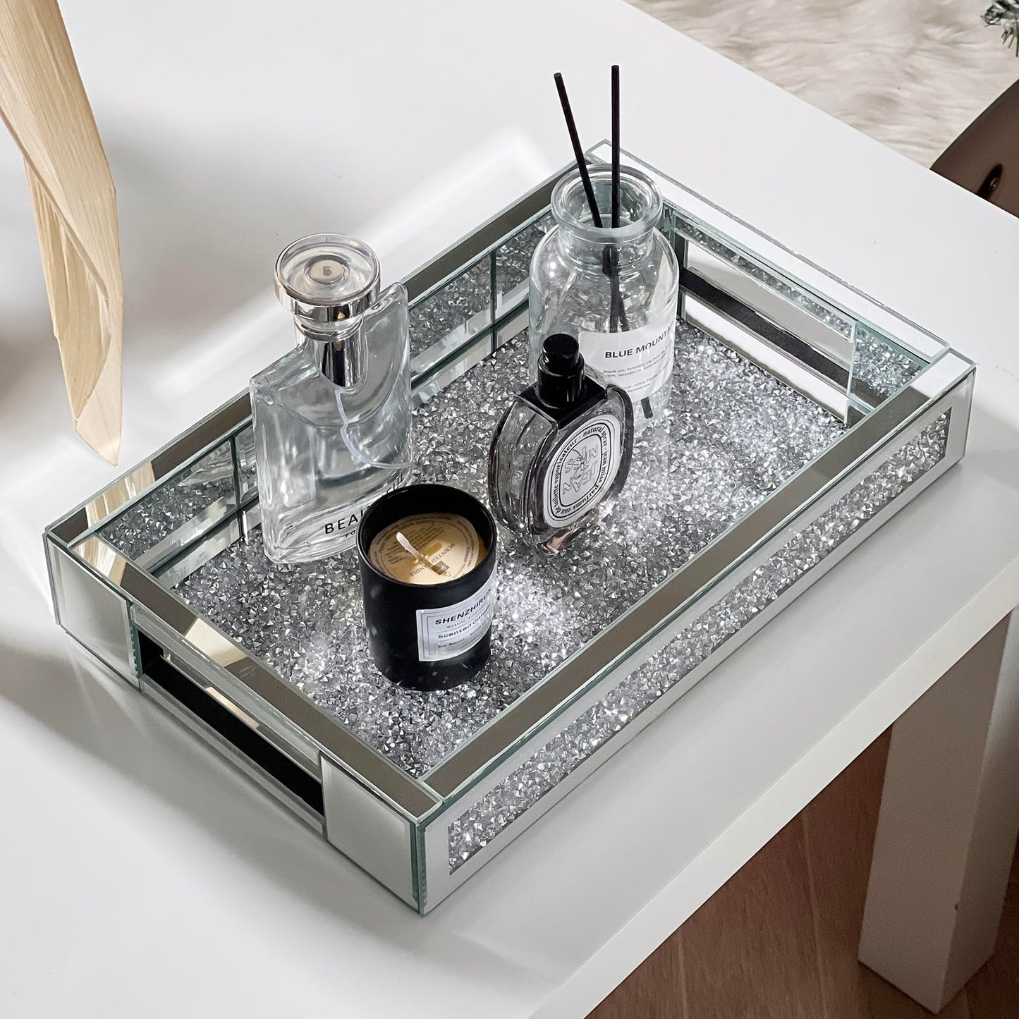 joyshiny Rectangle Glass Tray with Handles for Dresser, Mirror Makeup Organizer Perfume Display, Crushed Diamond Home Decor Accent for Vanity, Living Room Tables, Silver(12”x7.7”x2”)