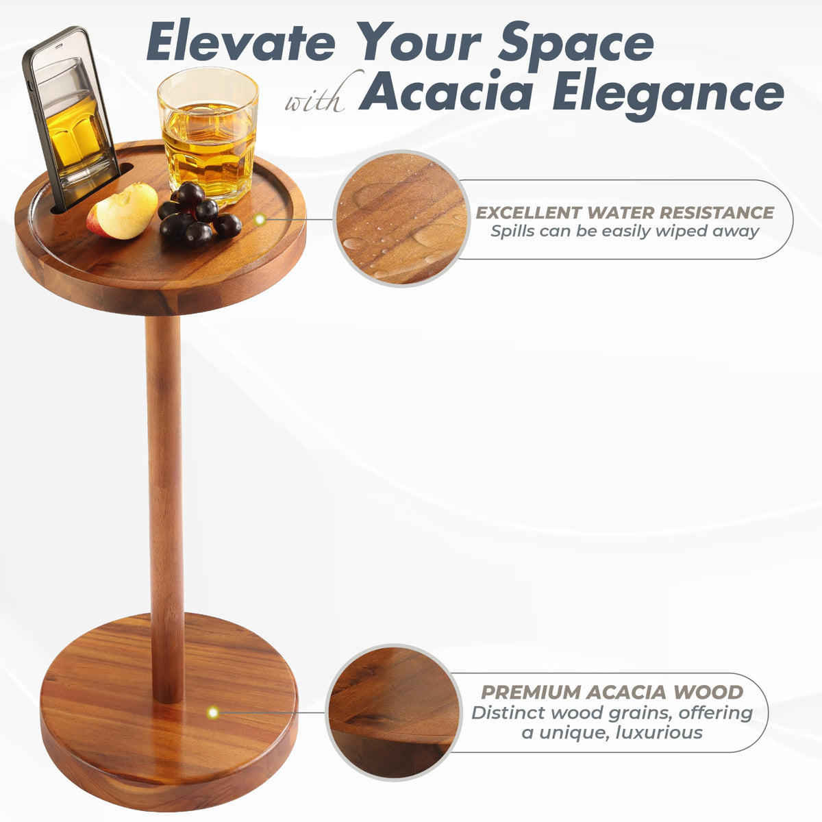NAGAWOOD Pedestal Side Table, Acacia Drink Table with Weighted Base, Small Round Side Table for Small Spaces with Phone Holder, Martini & Cocktail Pedestal End Table for Living Room, RVs, Home Office