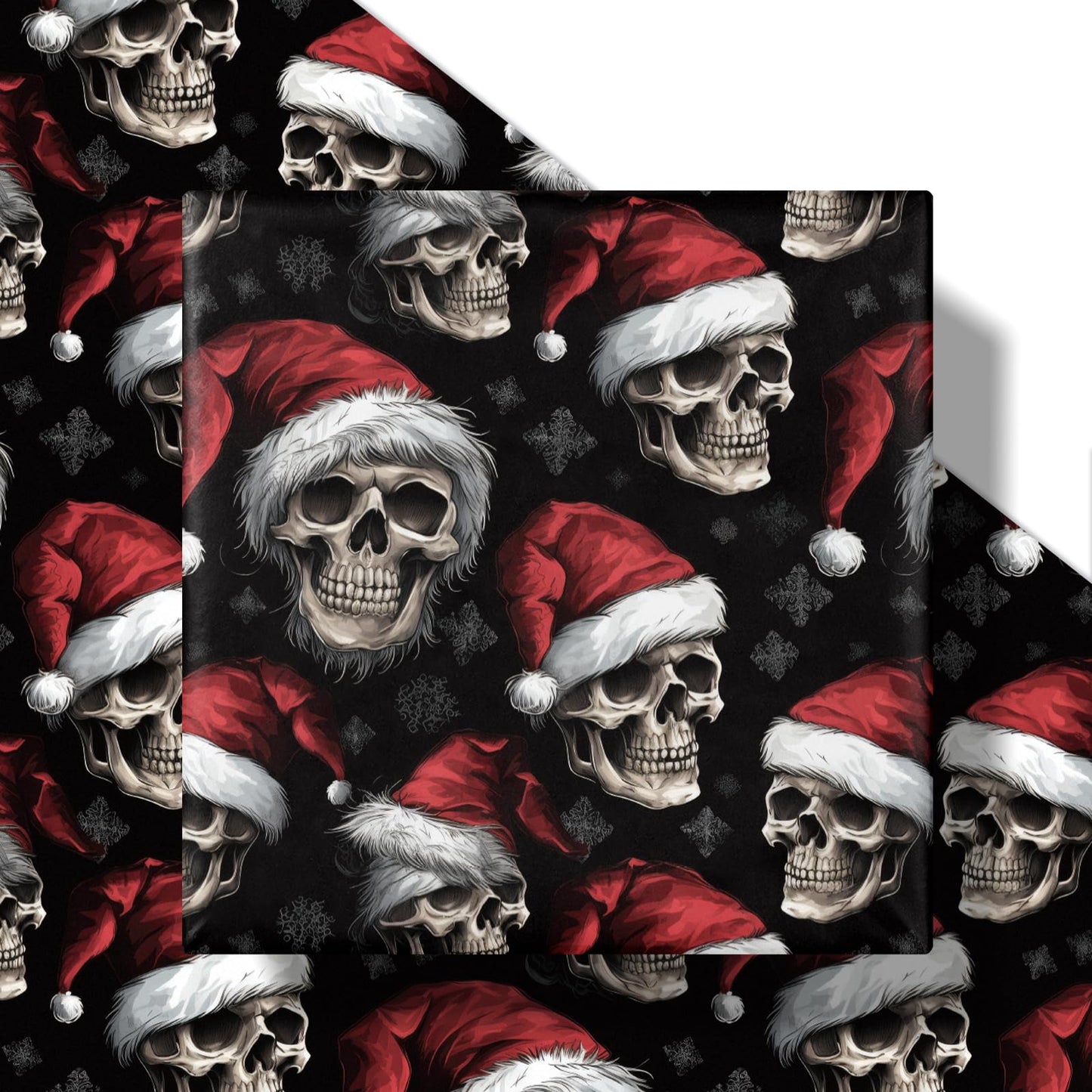 RUSPEPA Christmas Skull Wrapping Paper Roll, Mini Roll, Gothic Santa Skull with Red Hat and Snowflakes, Dark Holiday Gift Wrap for Alternative, Punk Party, 17 Inches x 16.4 Feet