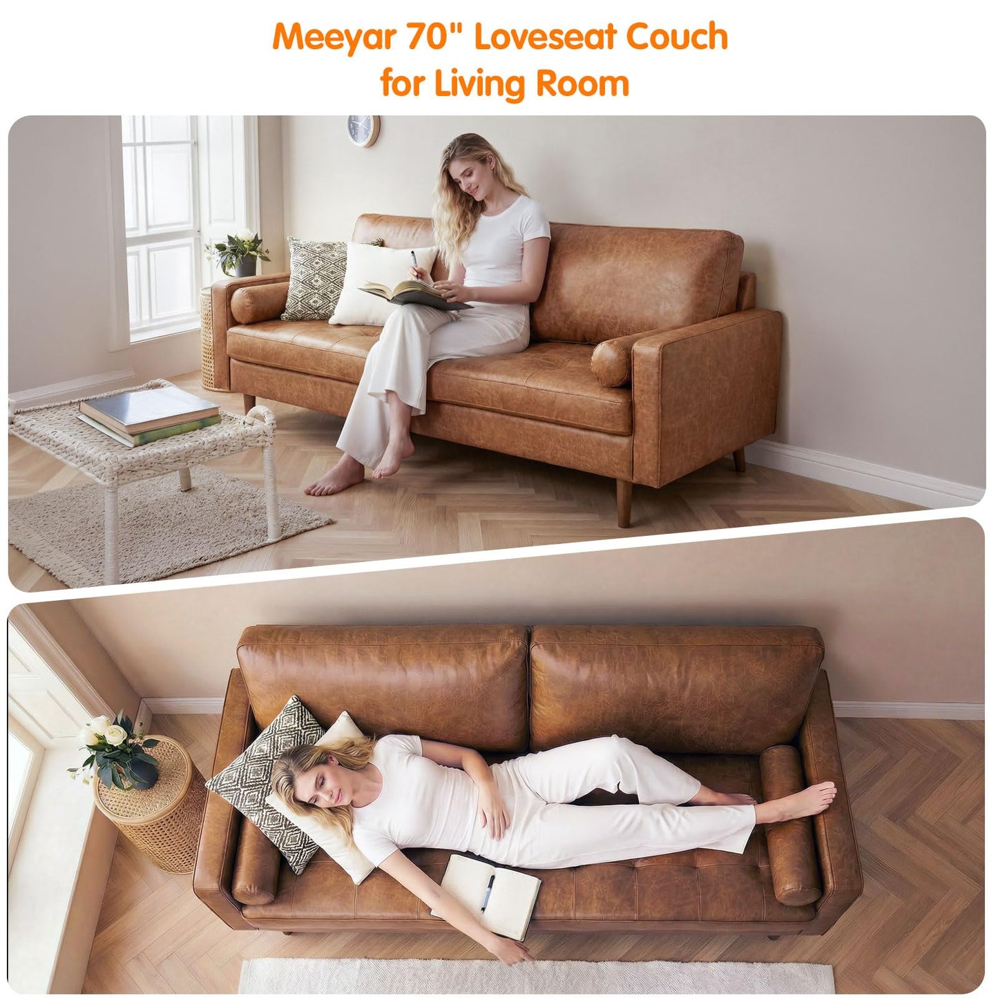 Meeyar 70" Mid-Century Modern Sofa Couch – Faux Leather Loveseat Sofa with Deep Seat & Solid Wood Frame – Includes 2 Accent Pillows –Dark Brown Living Room Bedroom Office