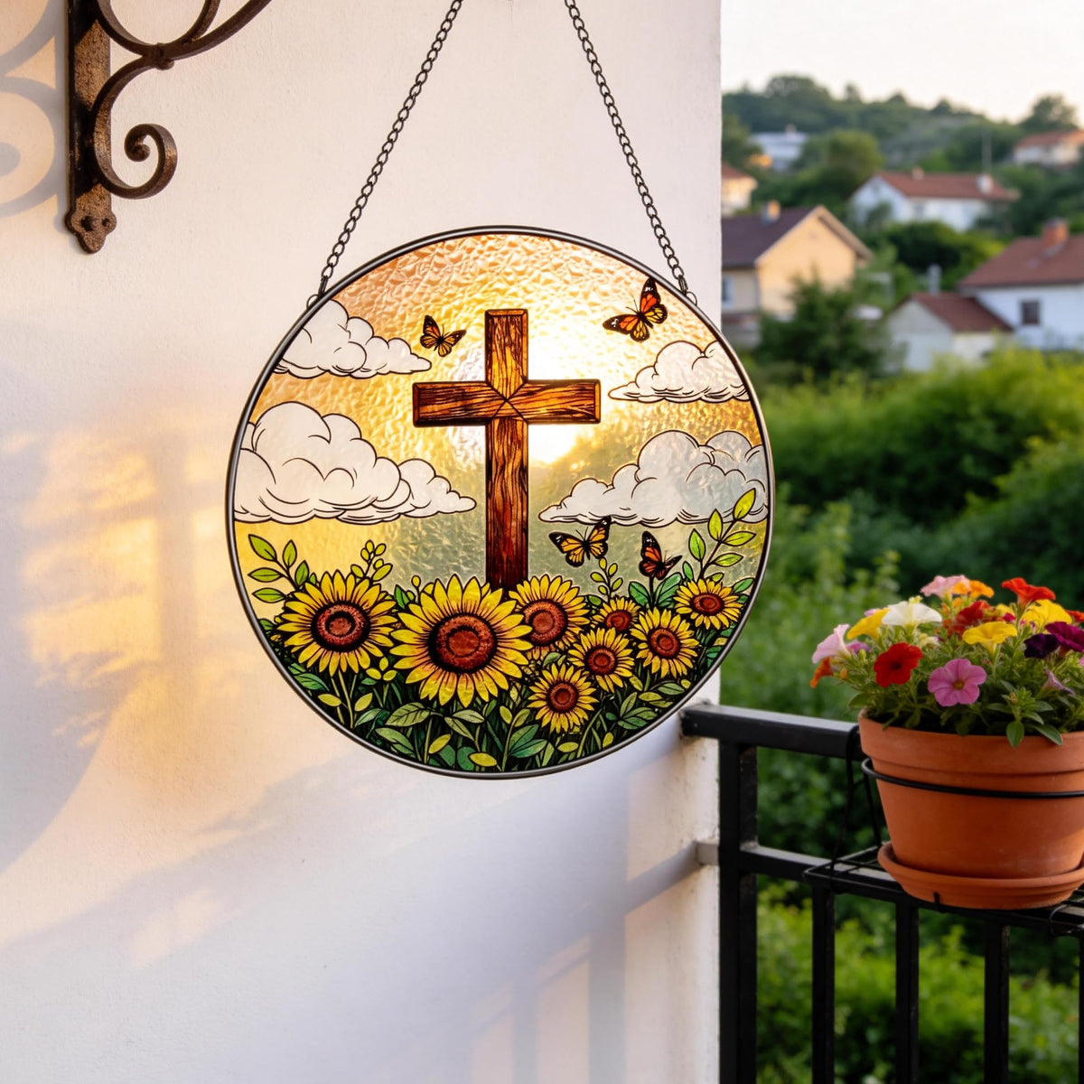 8 Inch Stained Glass Cross Suncatcher with Sunflower & Butterfly Christian Gifts for Women Religious Window Hanging Decor Unique Catholic Easter Birthday Gifts for Mom Grandma (Brown, Medium)