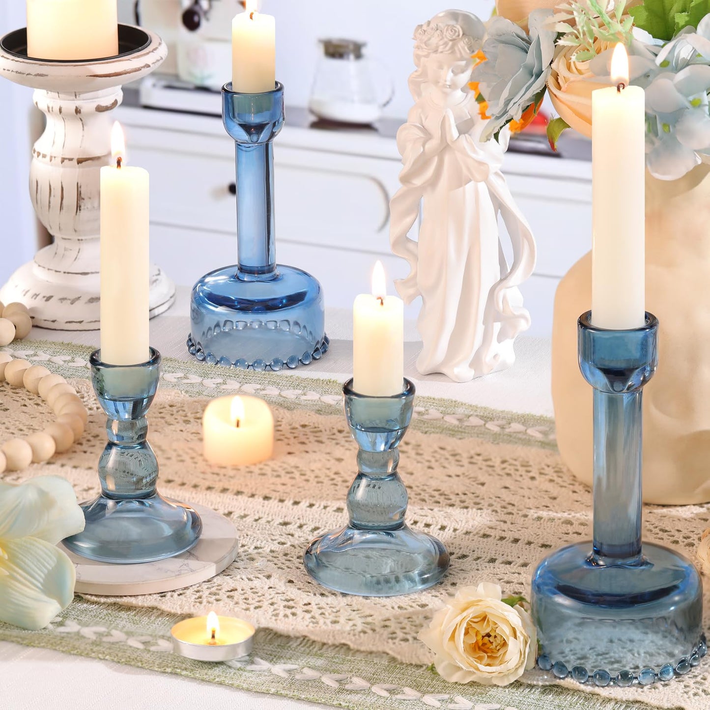 Lanttu Glass Candlestick Holders Set of 6 Blue Taper Candle Holder Bulk Crystal Candle Holders for Wedding, Table Centerpiece, Home Decoration