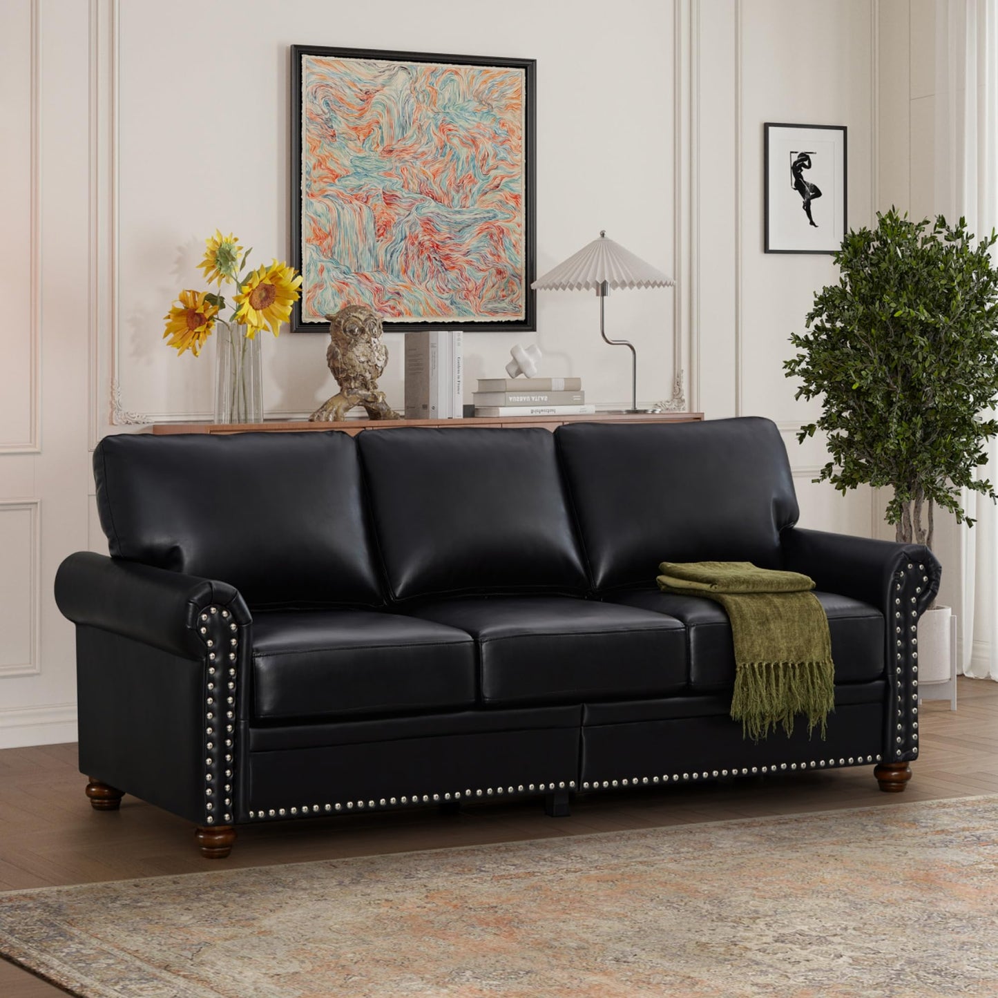 KEIKI 82.68" Chesterfield Sofa, Retro Style Upholstered Faux Leather PU Couch with Storage Space, Rolled Arm, Nailhead for Living Room Bedroom Office Apartment, Black