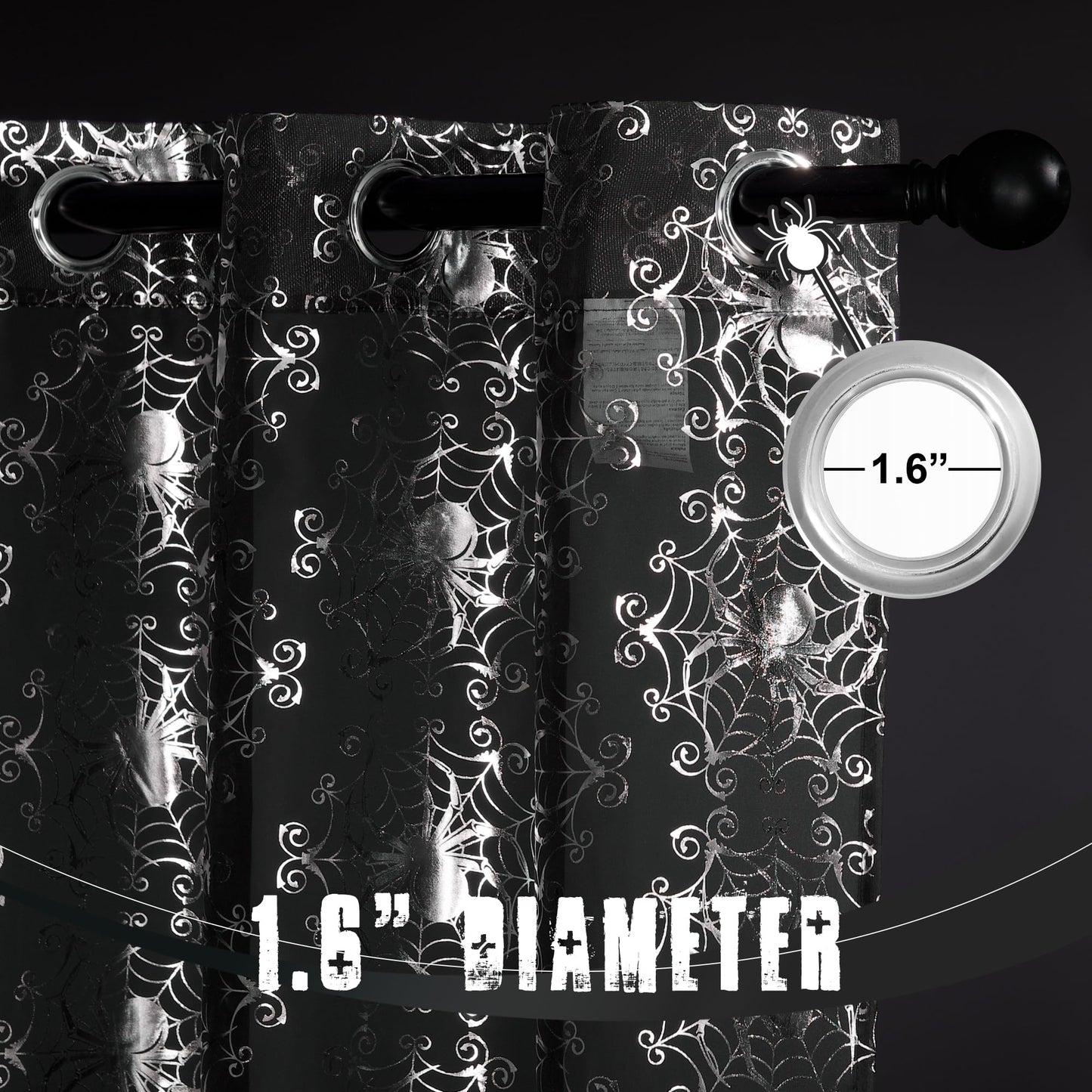 NICETOWN Black Sheer Halloween Curtains with Silver Spider Foil Print, Grommet Flowing Voile Sheer Window Treatment for Gothic Bedroom, W54 x L84, 2 Panels