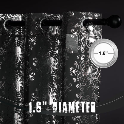 NICETOWN Black Sheer Halloween Curtains with Silver Spider Foil Print, Grommet Flowing Voile Sheer Window Treatment for Gothic Bedroom, W54 x L84, 2 Panels