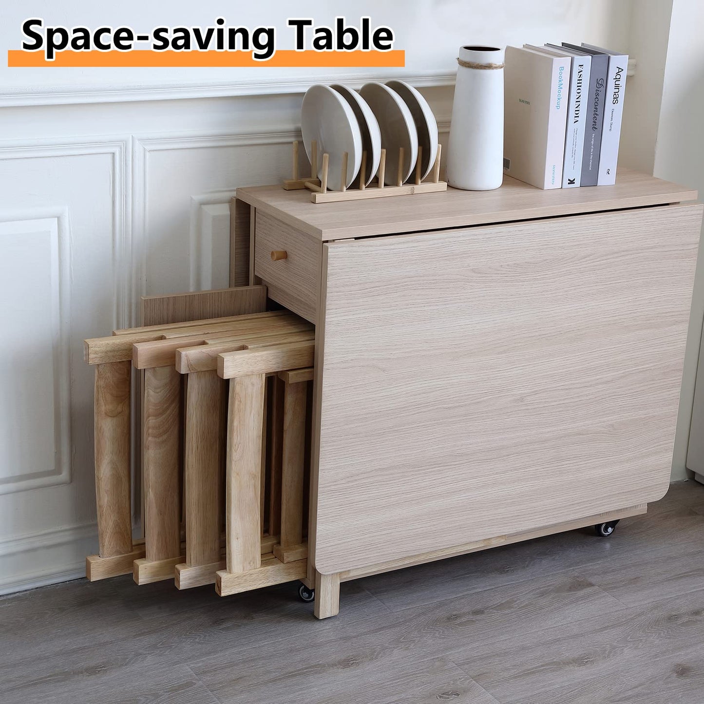 COMUHOME Wood Drop Leaf Folding Dining Table with 2 Drawers and 4 Wheels, Wood Padded Folding Chairs Set of 2, Space Saving Dining Table with 2 Chairs