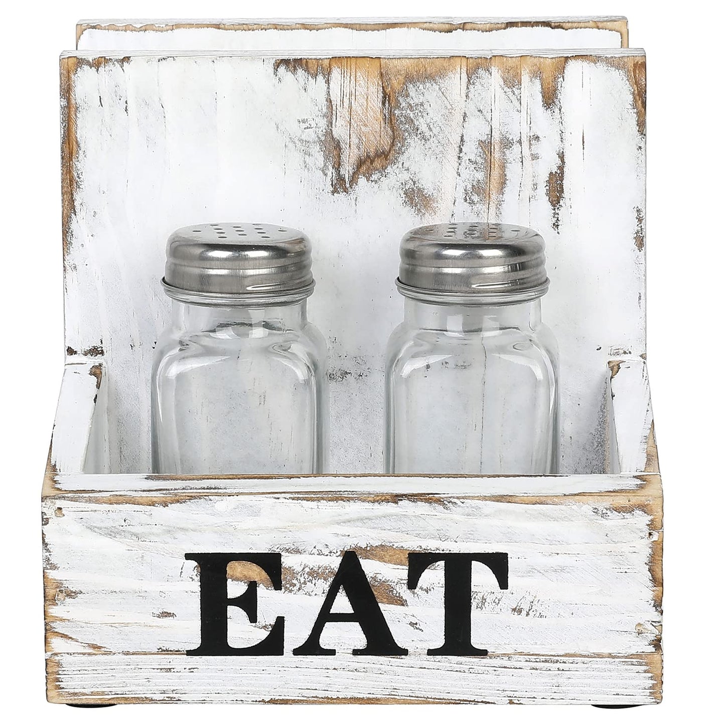 MyGift Napkin Holder for Table, Wood Napkin Holder with Salt and Pepper Shakers Set, Condiment Caddy with Bold Black Printed EAT Design, Standing Paper Napkin Storage for Kitchen Dining Table Decor