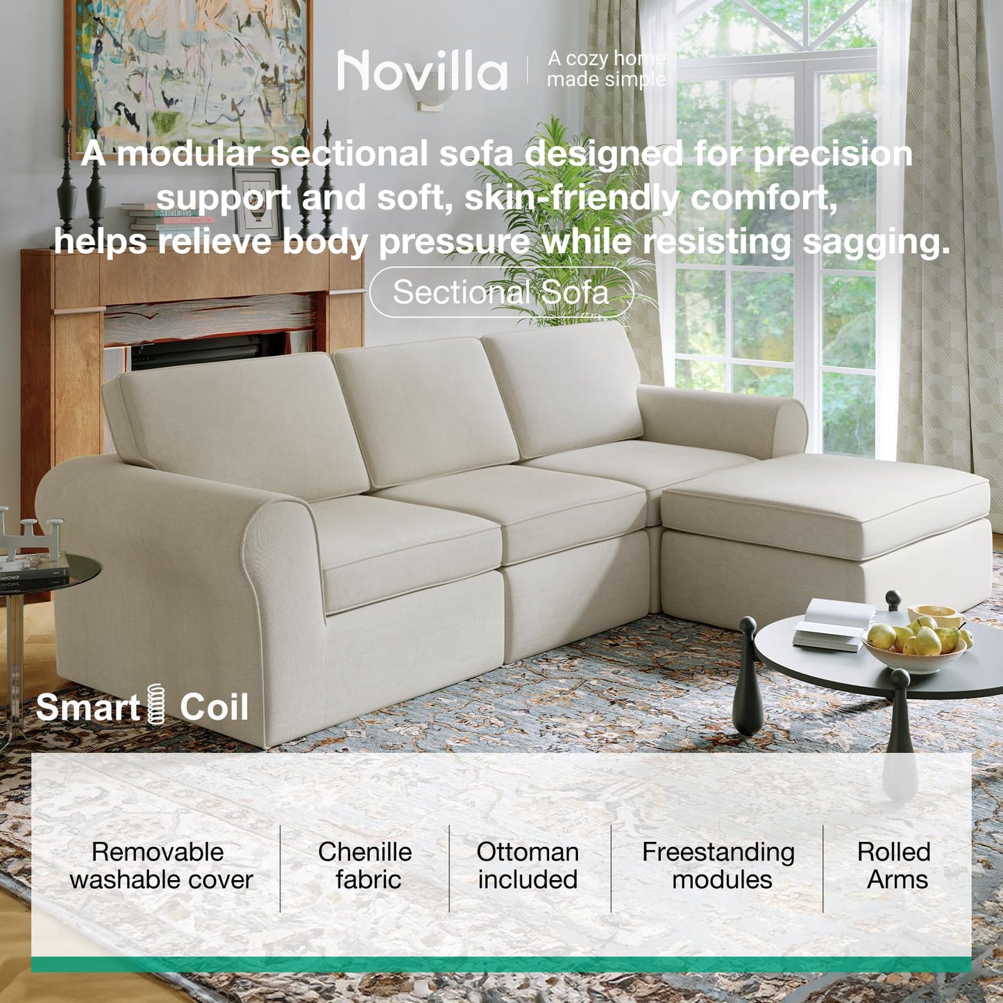Novilla 108" Modular Sectional Sofa, Modular Sectional Couches for Living Room Bedroom, Chenille Removable Cover Cloud Couch with Smarts Coil® Support L-Shaped Couch(Beige, 3 Seater + 1 Ottoman)