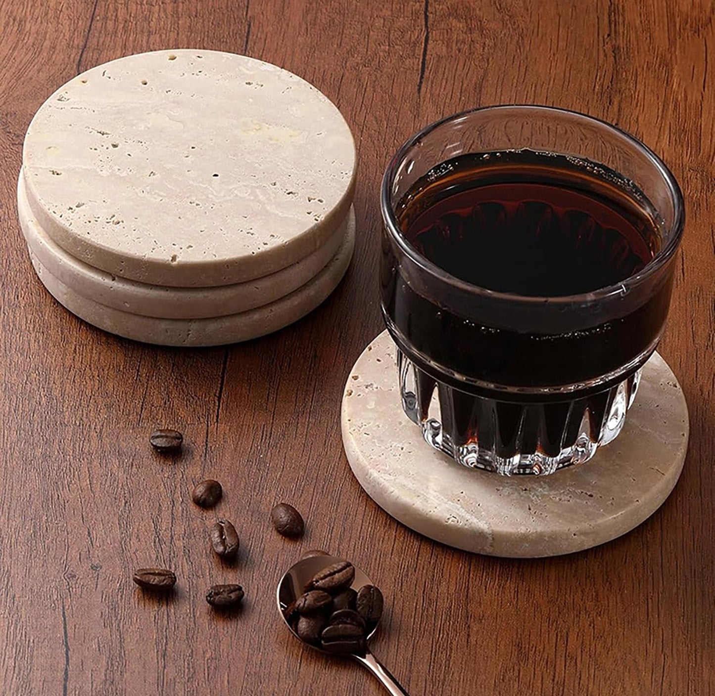 Huazzzyi Beige Travertine Coasters Set of 4 – Natural Absorbent Round Stone Coasters with Storage Rack, Handmade Marble Coasters for Coffee Bar, Dining Table, Housewarming Gift