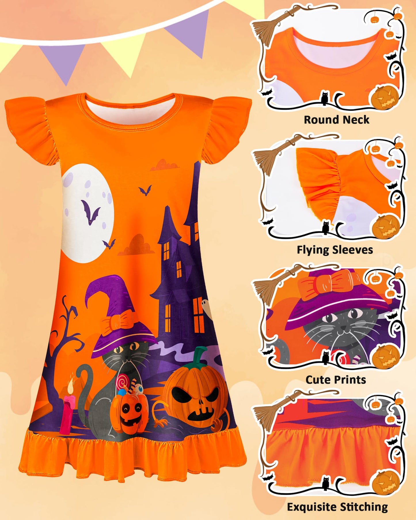 Sylfairy Girls Halloween Nightgown, Cat Toddler Nightgown Princess Pajama Dresses for Girls Sleepwear Nightie Orange 8 Years 9 Years