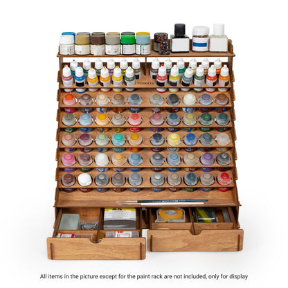 Plydolex Wooden Paint Organizer for 74 Paint Bottles and 14 Brushes - Paint Organizer with 2 Art Tool Cabinets and 6 Miniature Holders - Paint Holder