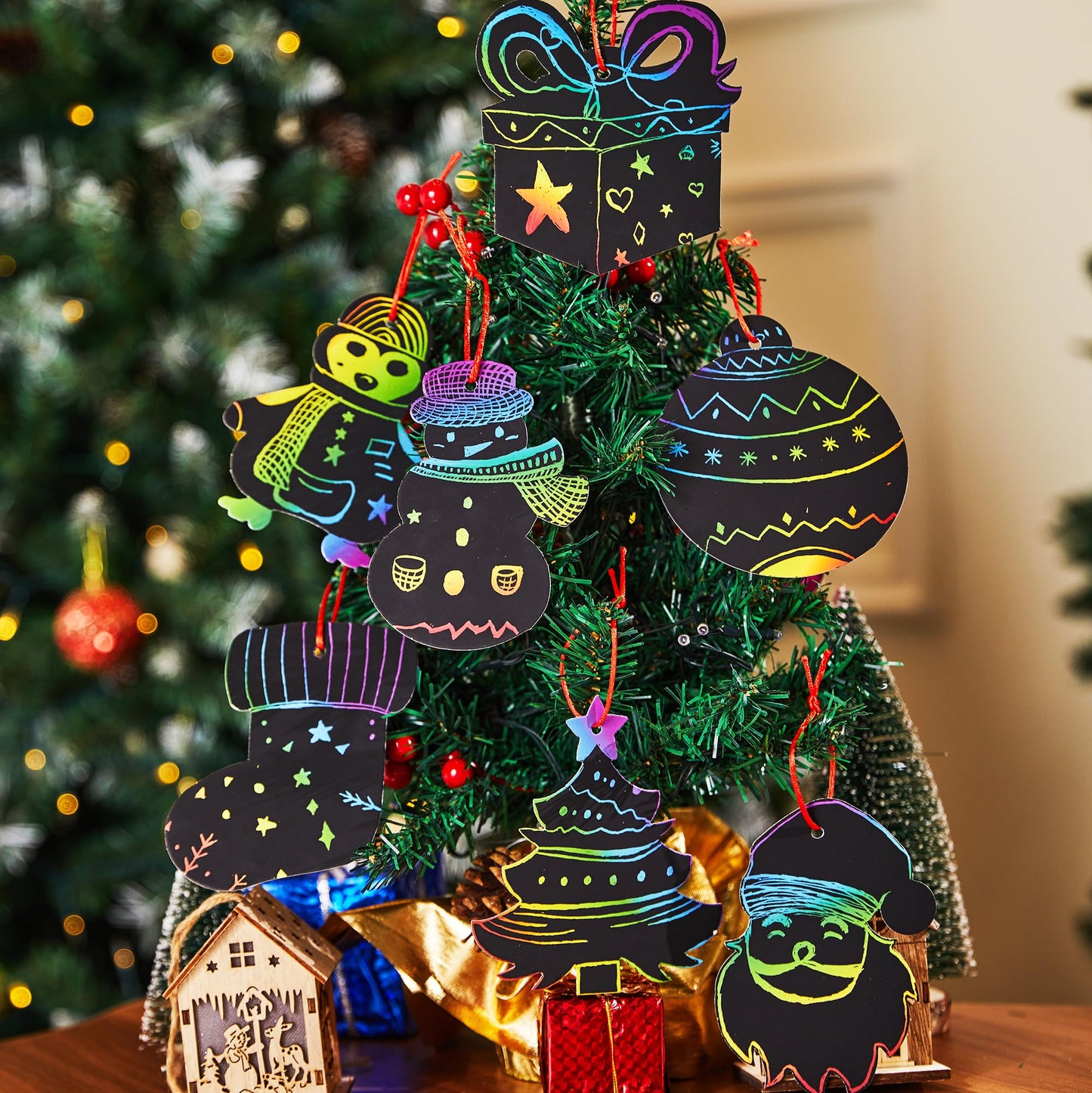 JOYIN 48 Pcs Christmas Scratch Art Ornaments, Rainbow Color Scratch Paper in Front Side & Coloring Card in Back Side, Scratch Off Kids Party Favors Supplies, Holiday DIY Art Craft Kit Activities Gifts