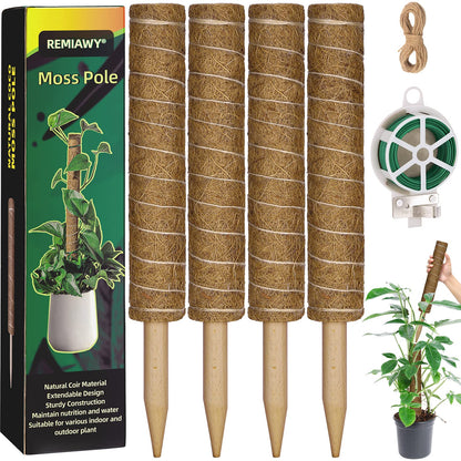 Moss Pole 56 Inch 142cm, 4 Pcs Moss Pole for Monstera, 45cm Coir Totem Pole Moss Stick for Climbing Plants Indoor Monstera Support Extension, Train Potted Creepers to Grow Upwards, 65 Feet Twist Tie