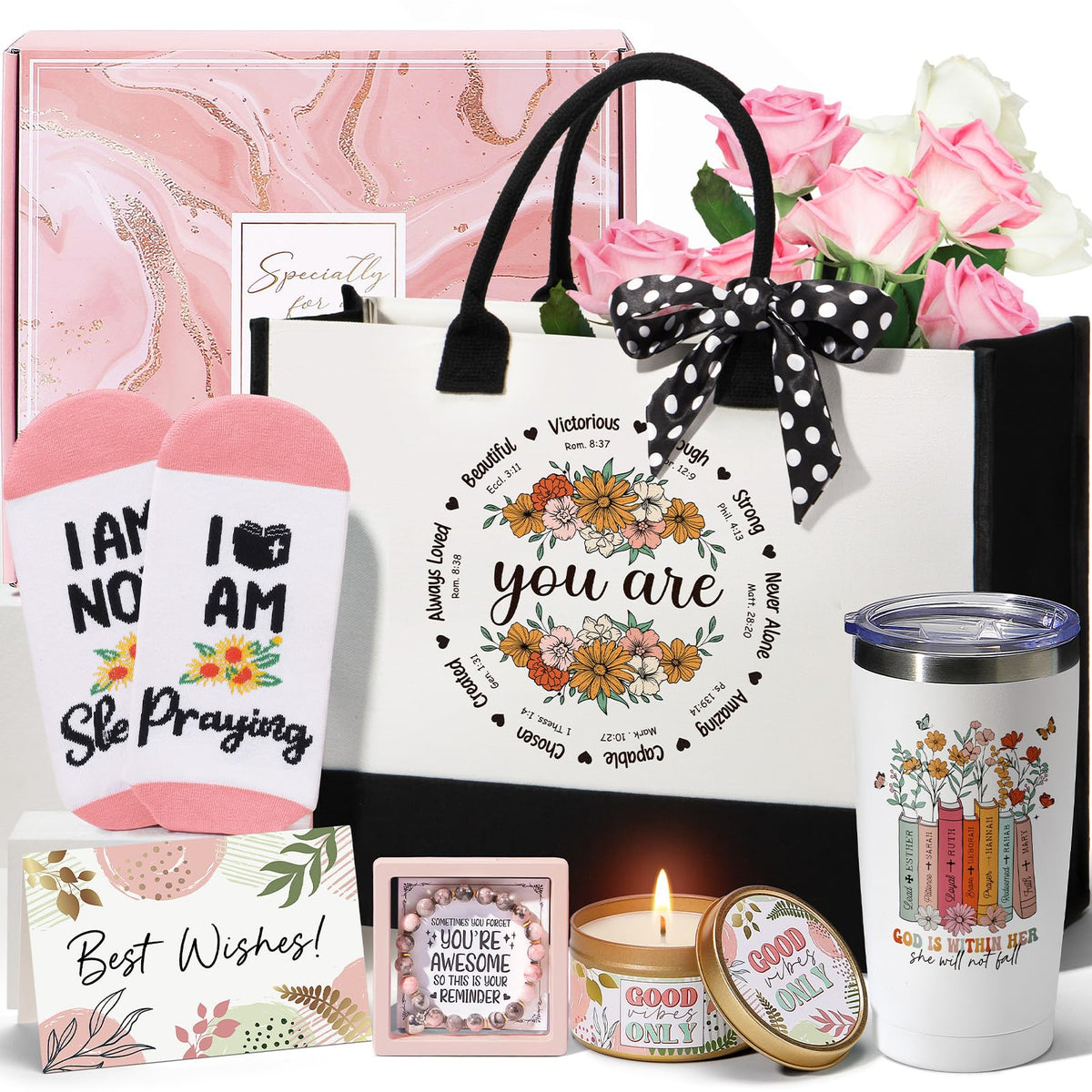 Christian Gifts for Women Faith, Inspirational Religious Gifts for Women, Catholic Spiritual Gift Basket, Unique Mothers Day Birthday Gifts for Women Mom Sister Friends Wife Grandma w/Canvas Tote Bag