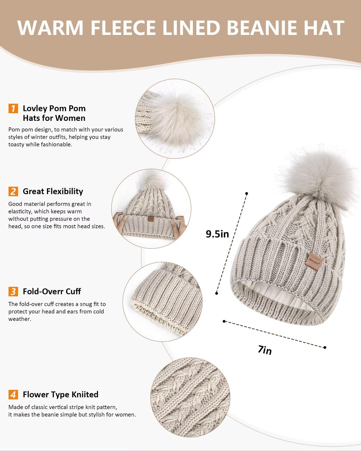 Womens Beanie Hat Scarf Gloves Set, Soft Fleece Lined Winter Hat with Pom Pom, Long Knit Scarf Neck Warmer Touchscreen Gloves for Cold Weather, 3 in 1 Warm Set Stocking Stuffers for Women(Oatmeal)
