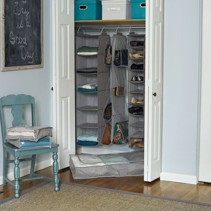 Household Essentials 10-Shelf Wide Hanging Shoe Organizer, Soft and Durable Polyester, Versatile, Breathable, Stylish, Compact, Sturdy Hooks for Rod or Wire Closets, Gray