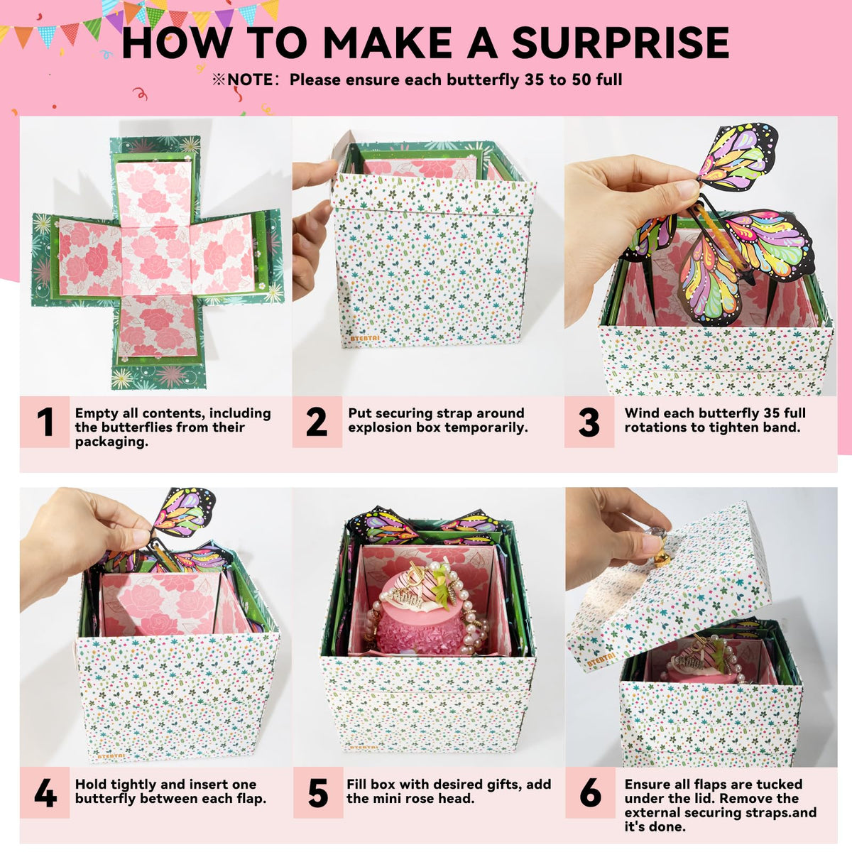 ELDGREON Explosion Gift Box, Flying Butterfly Surprise Gifts Box, DIY White Gift Included Butterfly Kit and Faux Rose Head for Birthday, Weddings, Mother's Day, Anniversaries