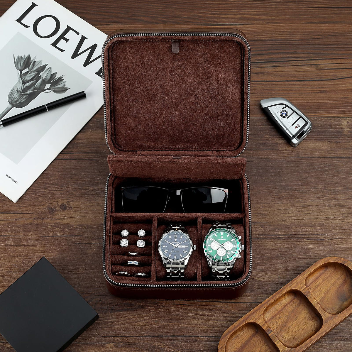 Lumayina Travel Watch Case for Men, Watch Box with Ring Rolls & Accessory Compartments, PU Leather Portable Men's Jewelry Organizer, Fits up to 50mm Watches, Gift for Him (Large – 2 Slot)