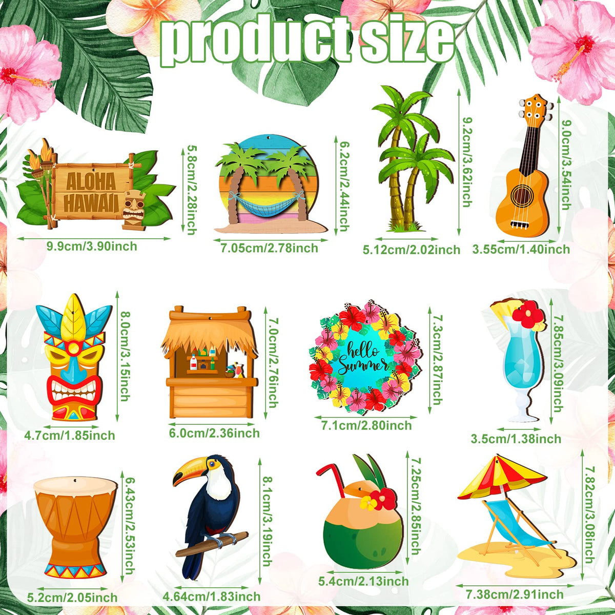 Geelin 36 Pcs Summer Wood Hanging Ornaments for Tree Christmas in July Mini Tree Decorations Hawaiian Beach Wooden Pendant Decorations with String for Luau Party Supplies(Aloha)