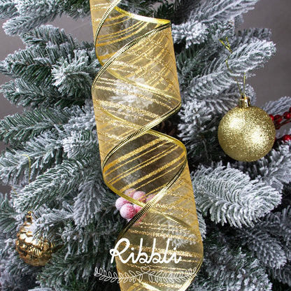 Ribbli Gold Christmas Tree Ribbon - Glitter Wired Ribbons for Tree, Crafts, Gift Wrapping, Wreaths, Garland, Home Decor - 2.5 Inch x 6 Rolls Total 36 Yard
